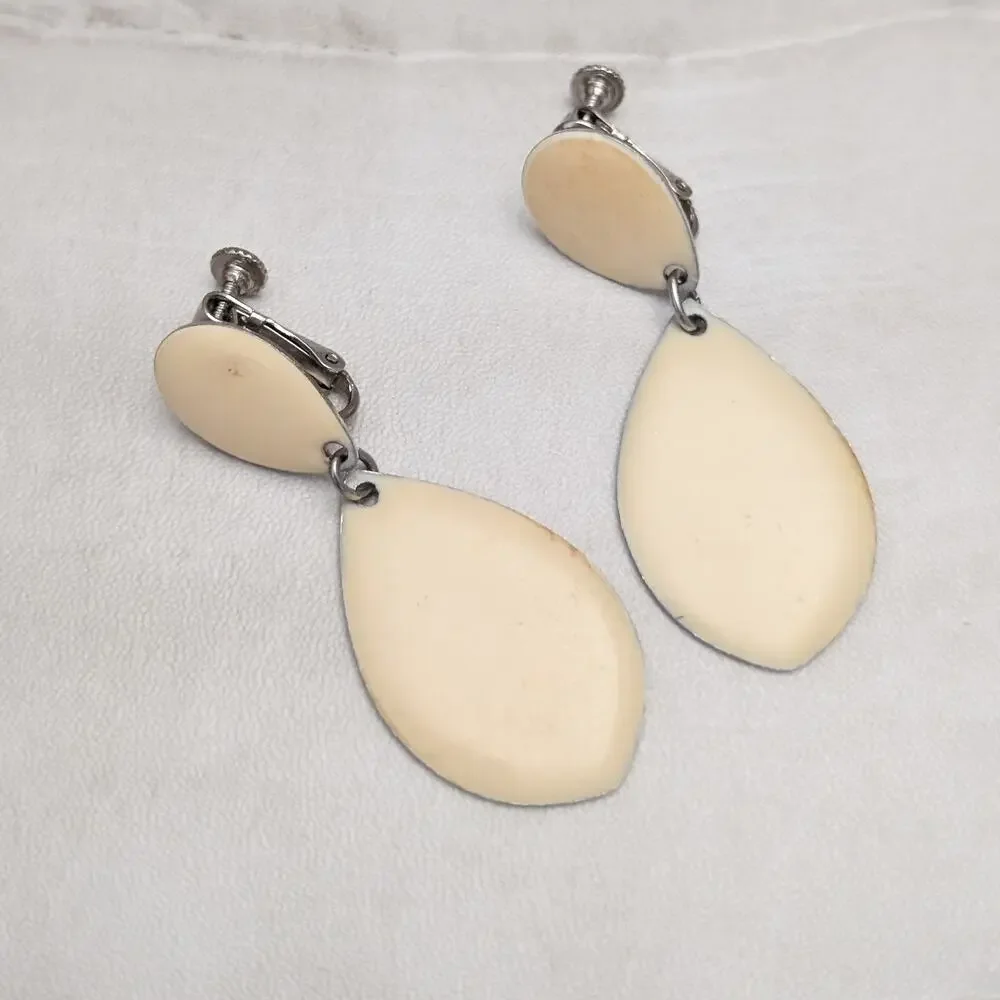 Vintage Napier Clip On Earrings Large Drop Dangle Cream Enamel - Fair Condition